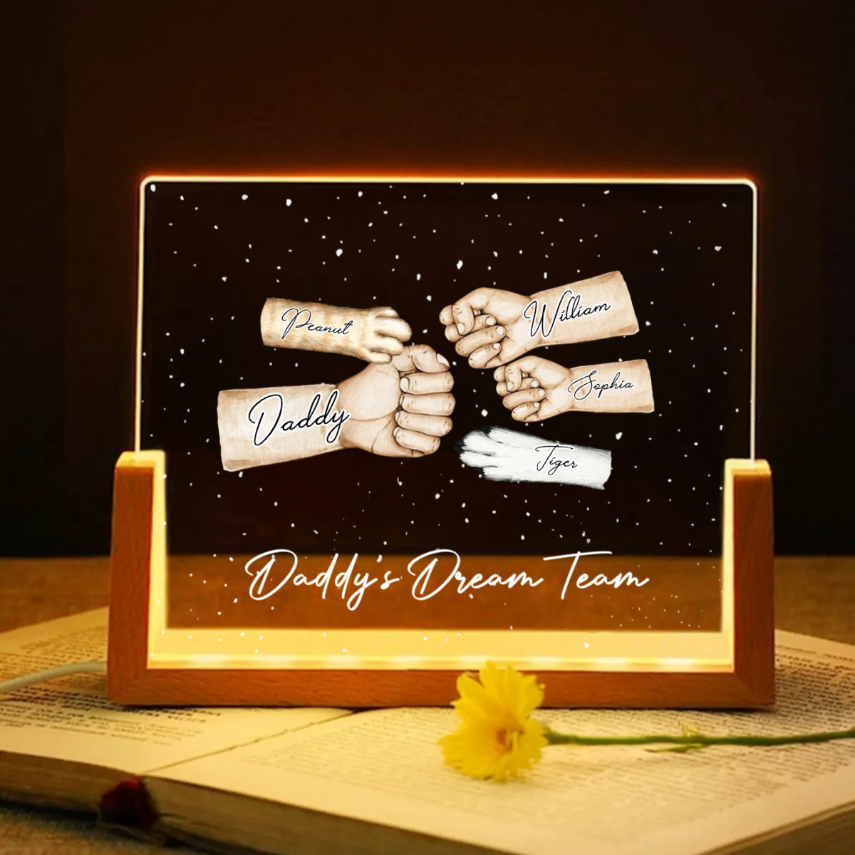 Daddy's Team Fist Bump Personalized U-Base Acrylic LED Night Light, Gift For Dad, Grandpa, Husband