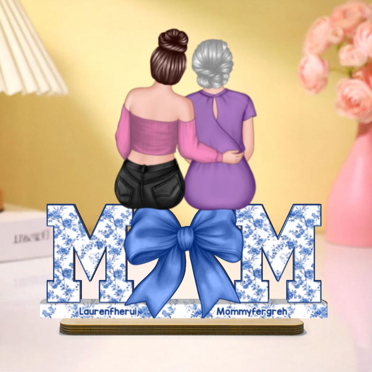 Mother Daughters Blue Floral Chinoiserie Personalized Standing Wooden Plaquer, Mother's Day Gift