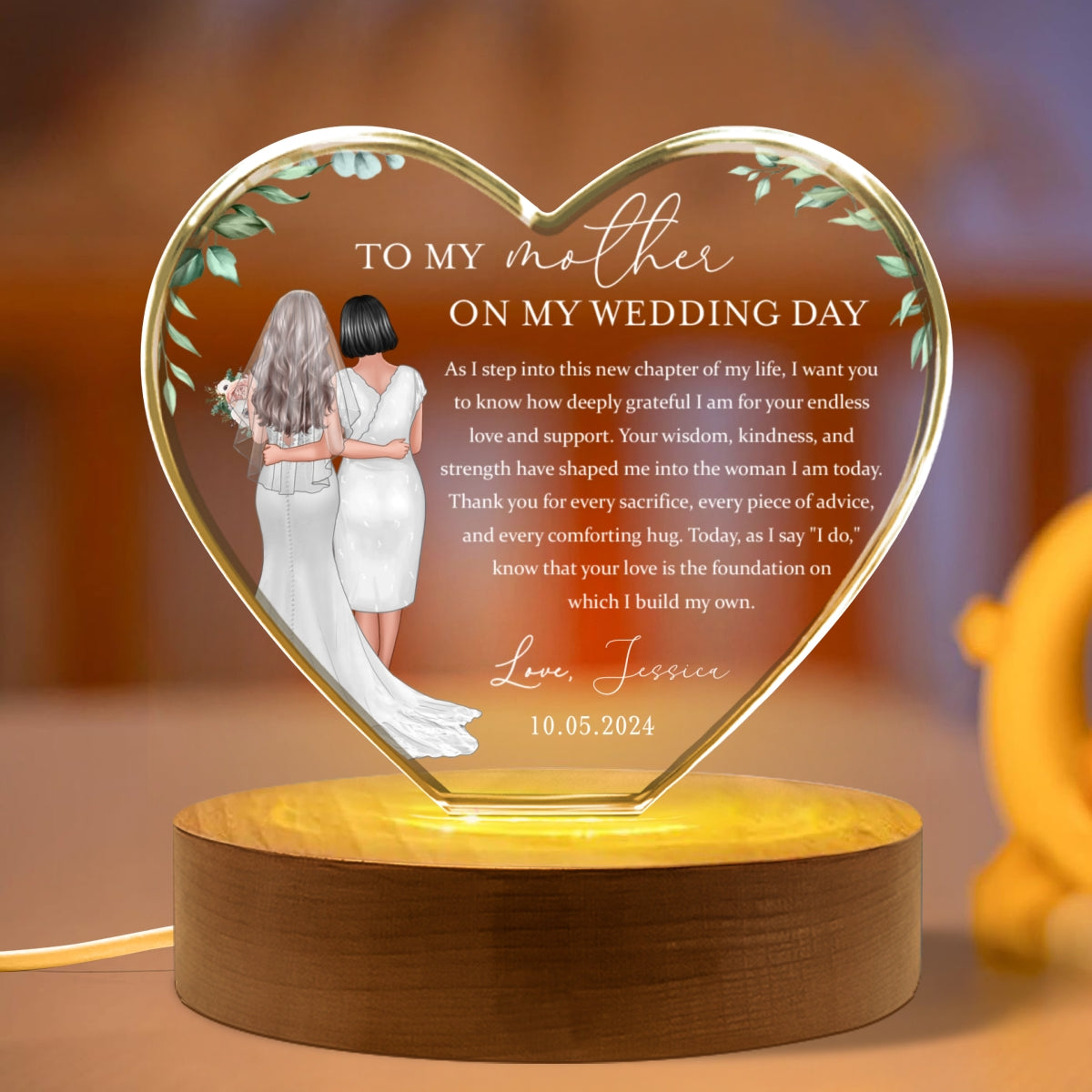 Personalized Wedding Mother of the Bride Gift from Daughter, a Treasure Forever Custom Premium Crystal Heart LED