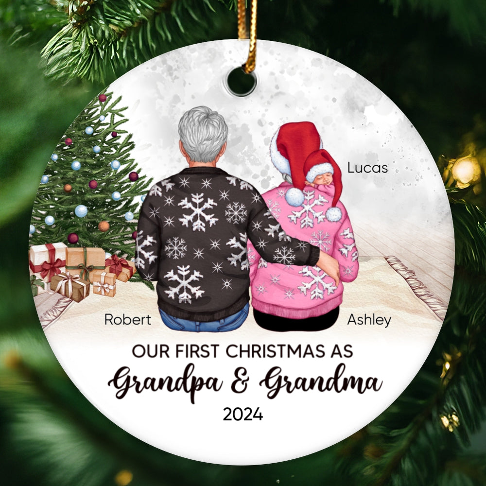 Our First Christmas As Grandma & Grandpa Personalized Circle Ceramic Ornament