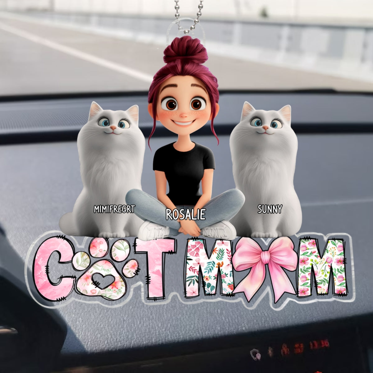 Cartoon Cat Mom Sitting Personalized Acrylic Car Hanger, Gift for Cat Moms