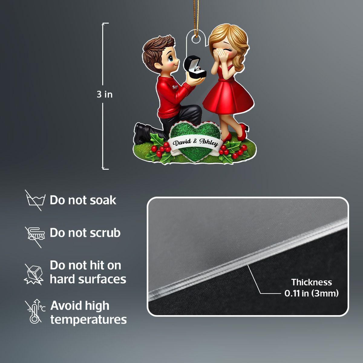 Marriage Proposal 3D Effect Ornament, Personalized Newly Engaged Gift, "She Said Yes!" Ornament, Custom Just Engaged Gifts for Couples