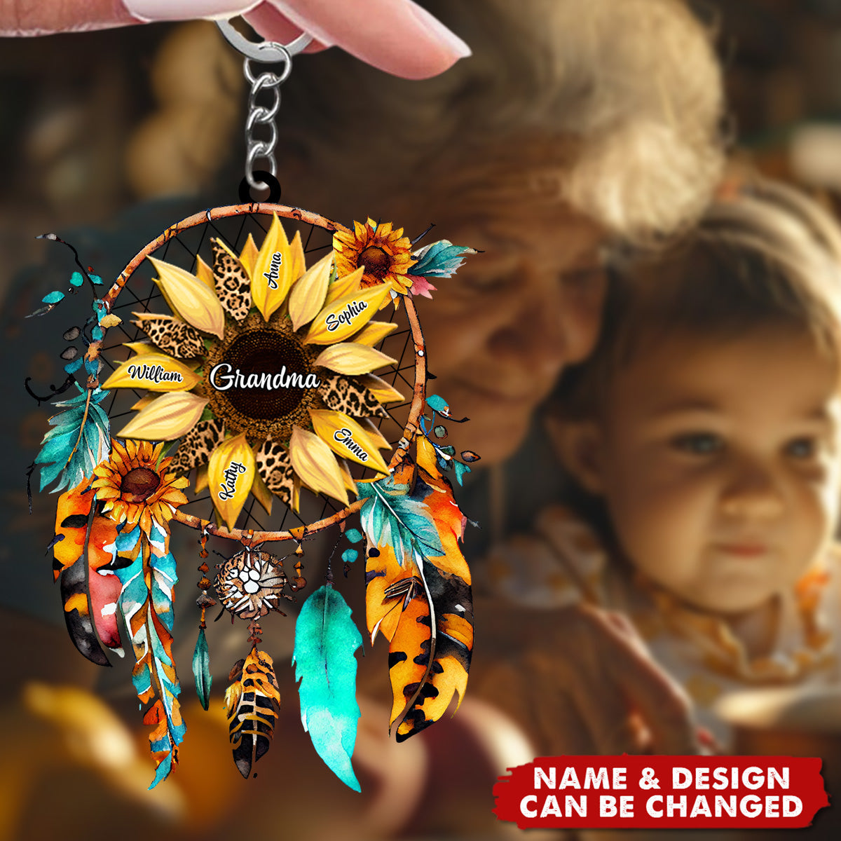 Sunflowers Dreamcatcher - Personalized Acrylic Keychain - Gift For Grandma, Mom