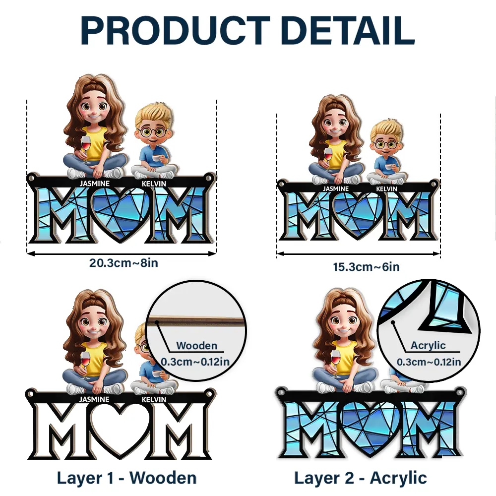 Young Mother Daughter Son We Love You Mom 3D Cartoon - Personalized Window Hanging Suncatcher Ornament