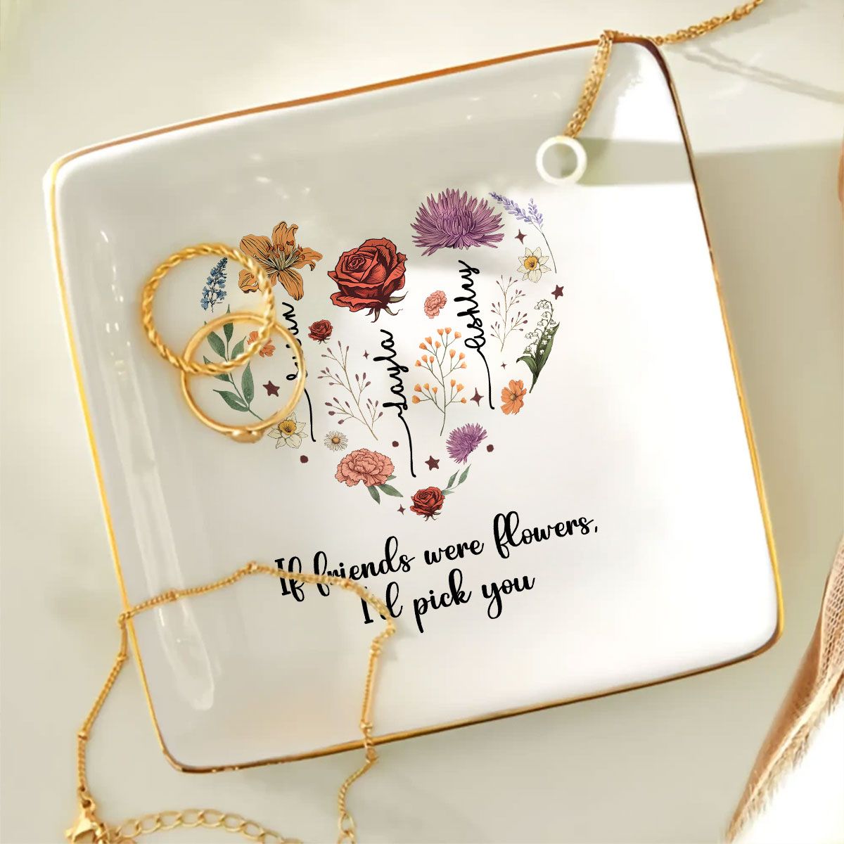 Birth Month Flowers Sisters Besties Friends Heart Personalized Jewelry Dish