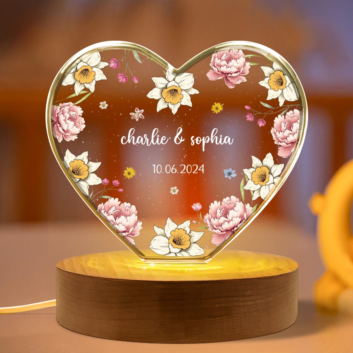 Couple Name Birth Month Flower Premium Crystal Heart LED, Unique Personalized Gift For Couple, For Him, For Her, Perfect Last-minute Valentine's Gift