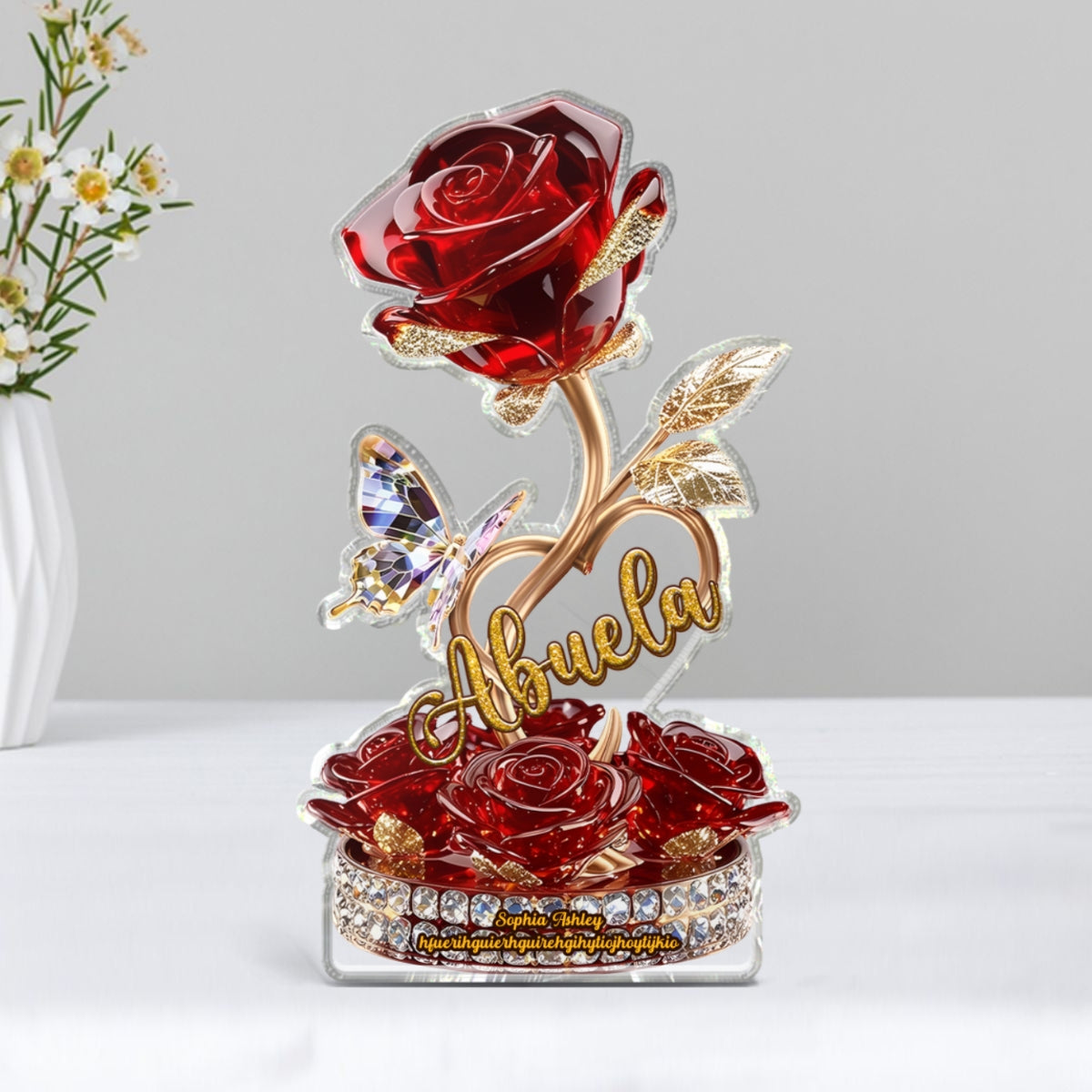 Beautiful Rose For Grandma Mom Realistic 3D Effect Personalized Flat Acrylic Block Plaque