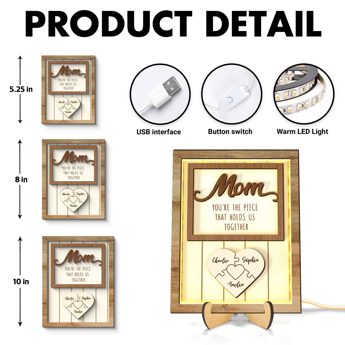 Mom You're The Piece that Holds Us Together Personalized 2-Layered Wooden Frame with LED, Heartfelt Mother's Day Gift for Mom, Grandma
