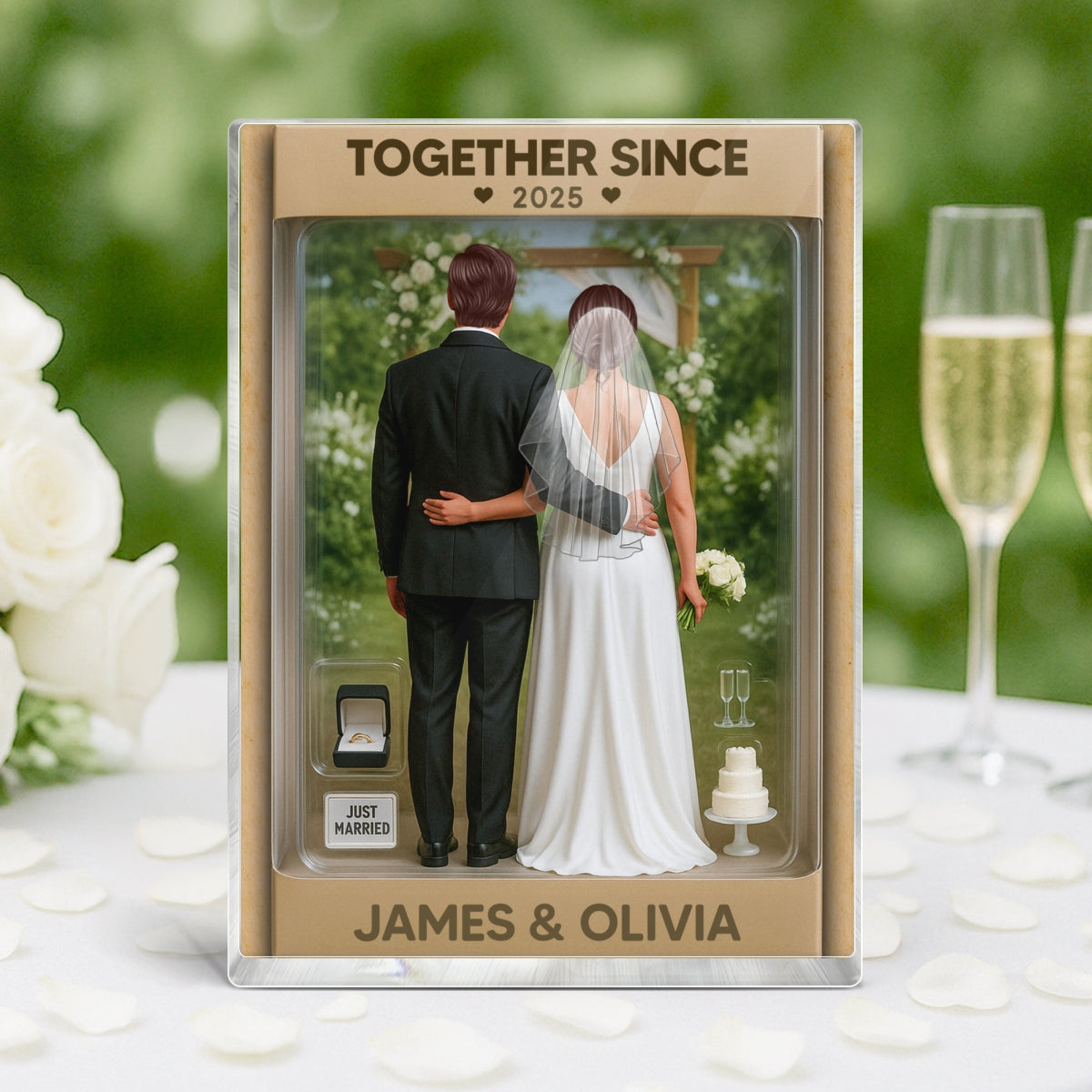 Bride & Groom Couple Toy Box Figures Style Garden Wedding Theme Personalized Acrylic Block Plaque, Wedding Gift, Newlyweds Gift