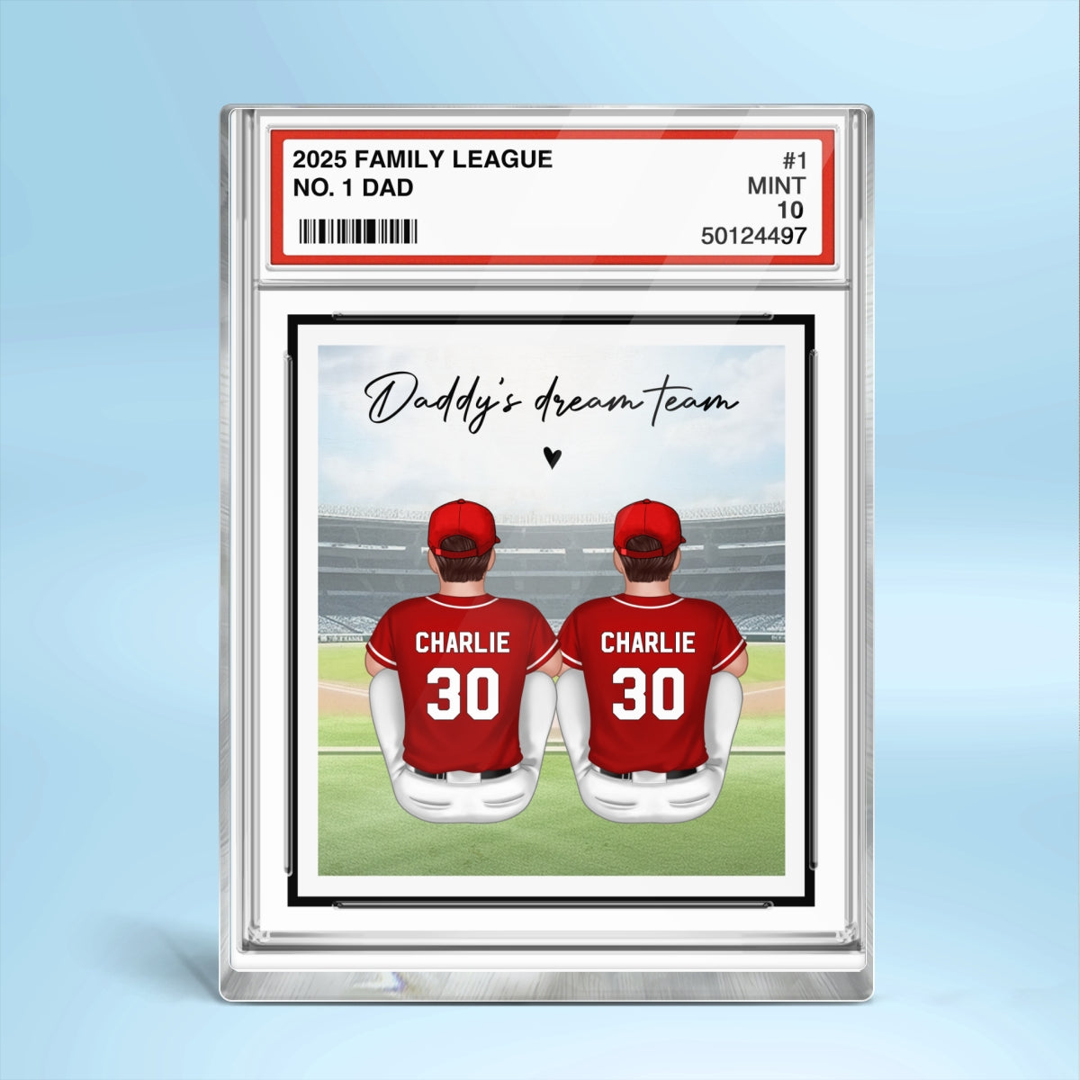 Baseball No. 1 Dad Man & Kids Sitting Trading Card Style Personalized Acrylic Block Plaque