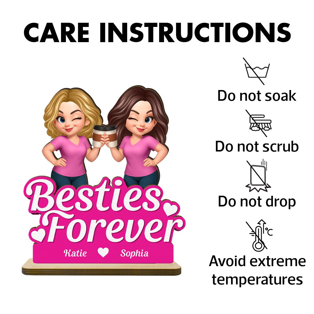 Beautiful Besties Pink Tone Personalized Flat 2-Layer Standing Wooden Plaque