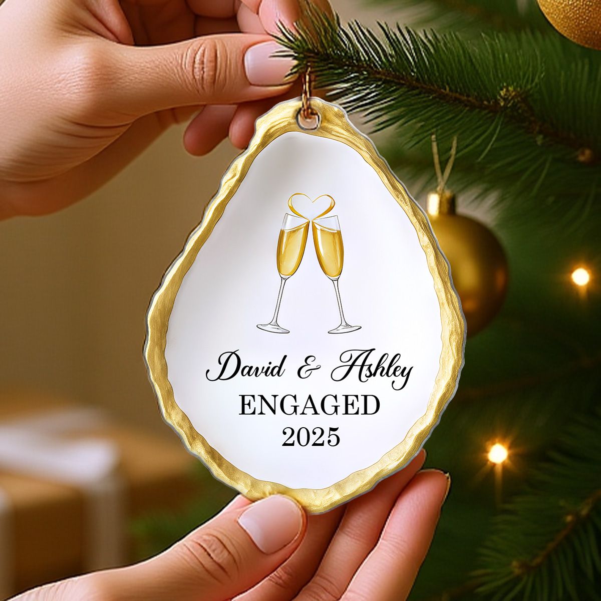 Oyster Shell Shaped Couple Engaged Personalized Flat Acrylic Ornament, Gift For Newly Engaged Couple