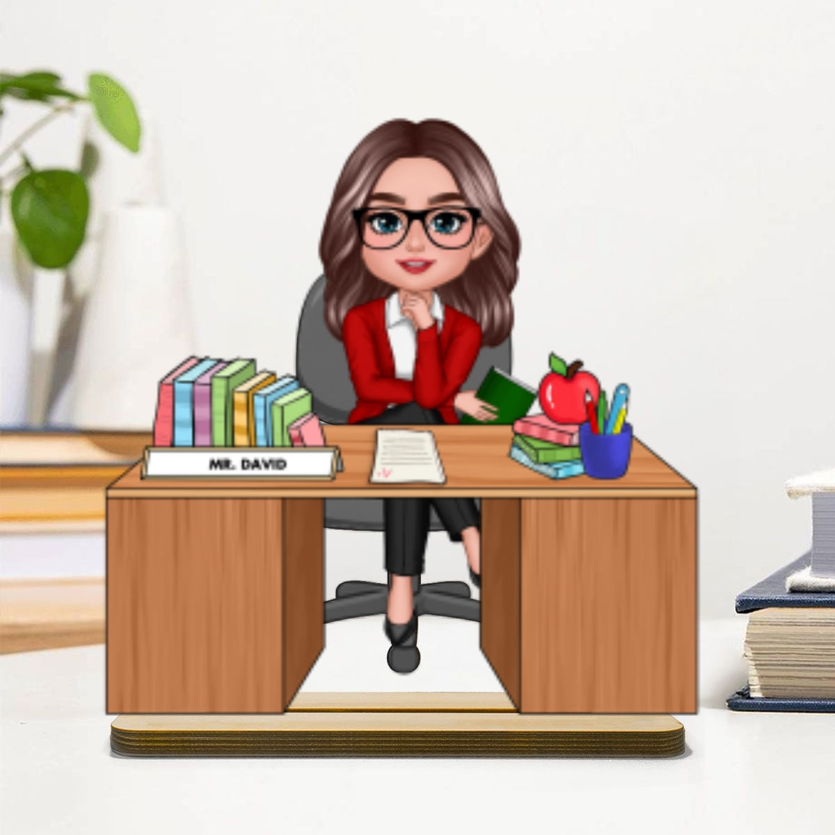 Teacher Sitting At Desk Personalized 2-Layer Standing Wooden Plaque, Back To School Gift