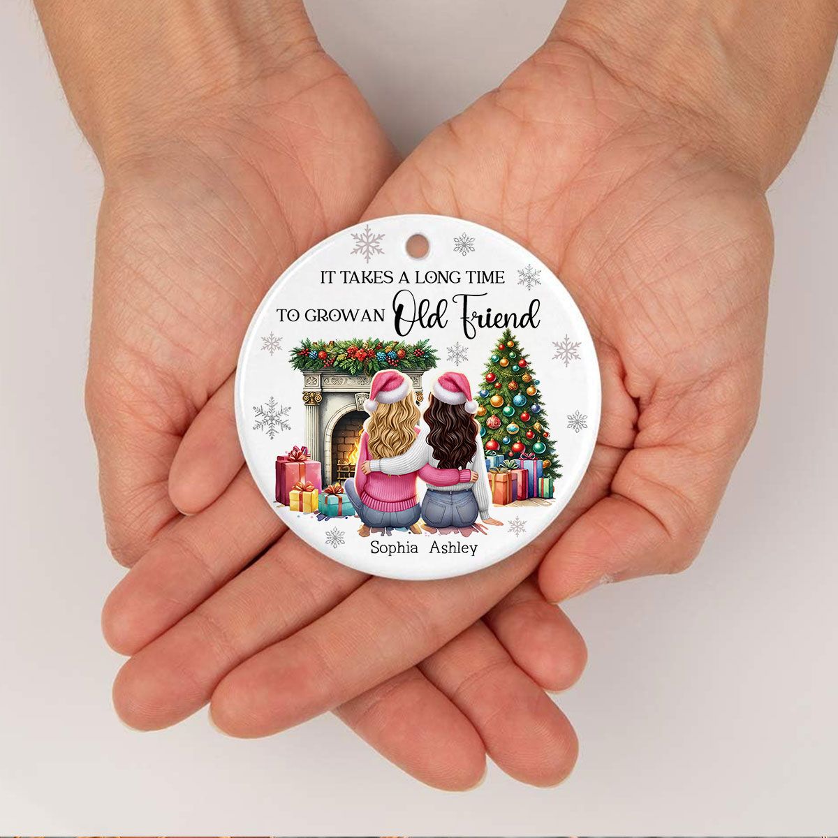 Personalized Best Friends Christmas Ornament – Cozy Holiday Scene by the Fireplace