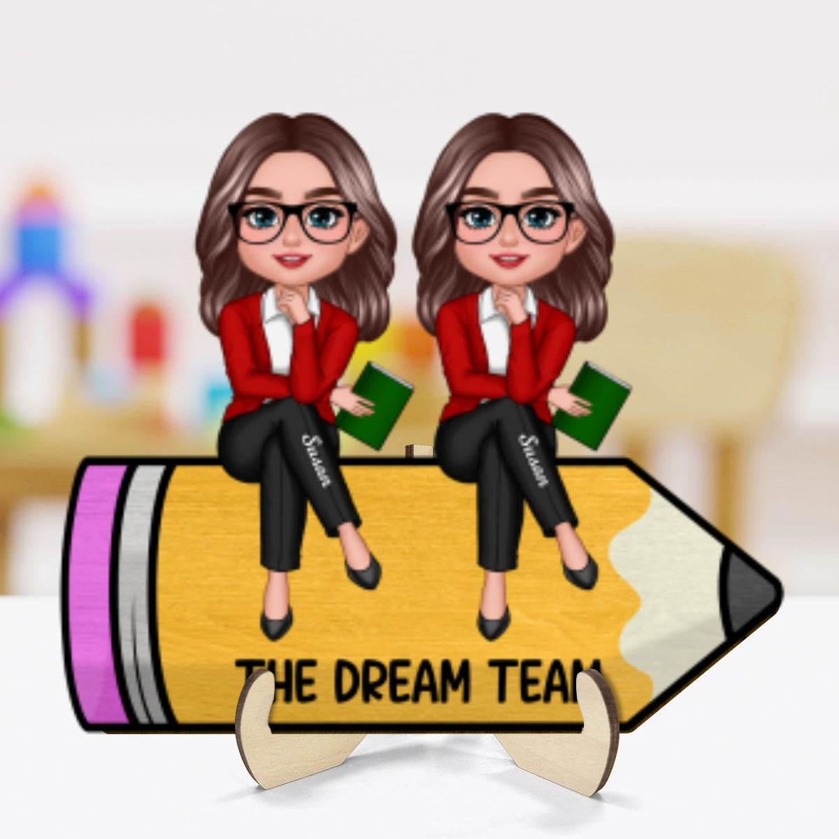Doll Teacher Best Friends Colleagues Sitting On Pencil Personalized 2-Layer Wooden Plaque, Back To School Gift, Teacher Appreciation Gift, Classroom Decor