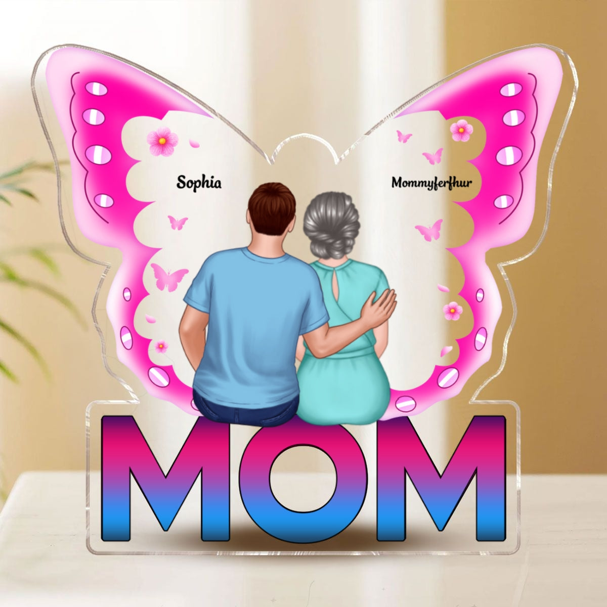 MOM Butterfly Sitting Back View Personalized Acrylic Block, Mother's Day gift