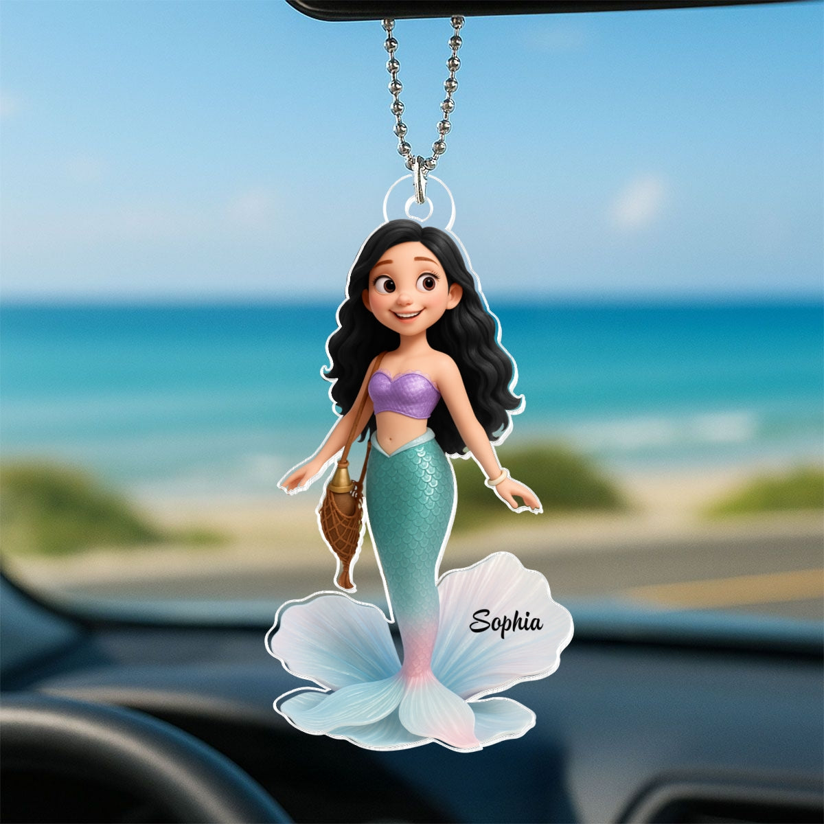 Pretty Cartoon Mermaid Personalized Acrylic Car Hanger, Gift for her, Gift for Besties