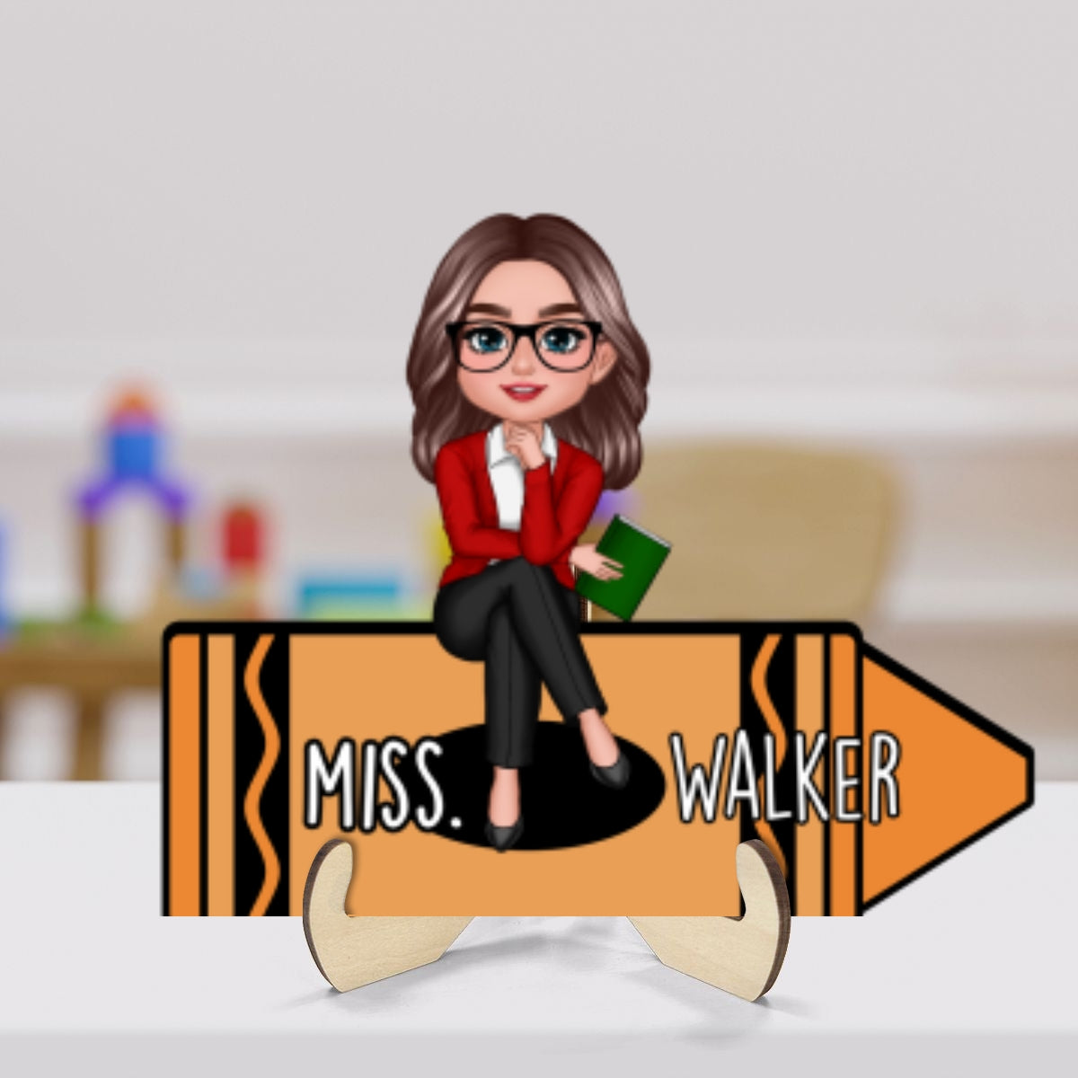 Doll Teacher Sitting On Crayon Personalized 2-Layer Wooden Plaque