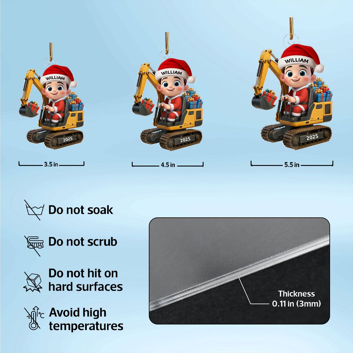 3D Effect Cute Cartoon Kid With Christmas Excavator Personalized Acrylic Ornament, Christmas Gift For Grandkids, Kids
