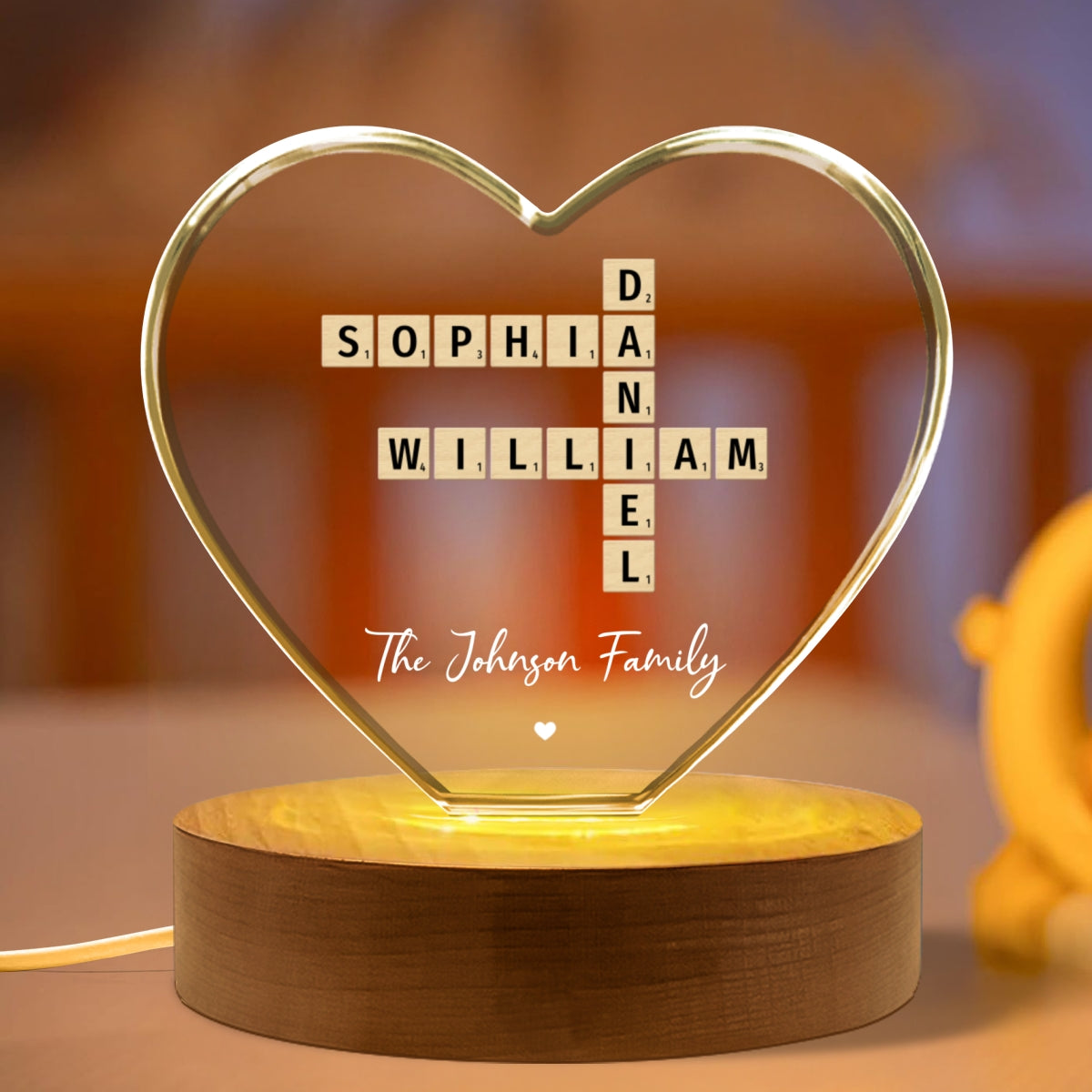 Family Names Crossword Art - Created In A Moment, Treasured Forever Personalized Heart Crystal LED