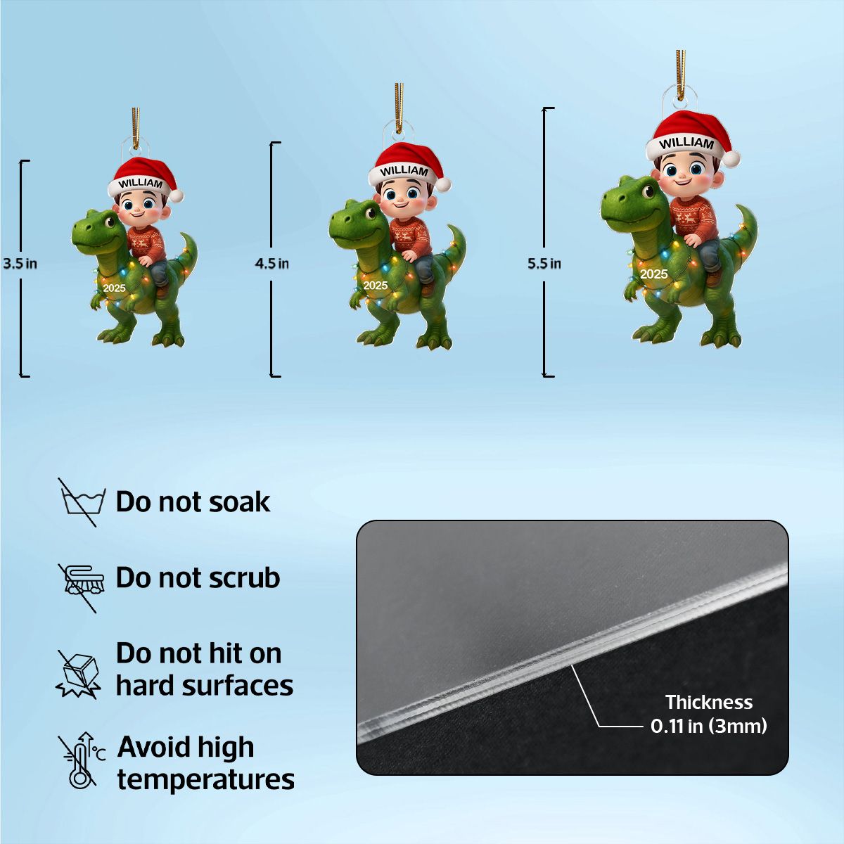 3D Effect Cute Cartoon Kid With Dinosaur Christmas Personalized Acrylic Ornament