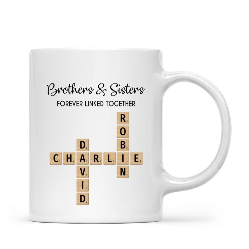 Brothers And Sisters Forever Linked Together Crossword Puzzle Art Personalized Mug, Gift For Brothers, Sisters, Siblings, Family
