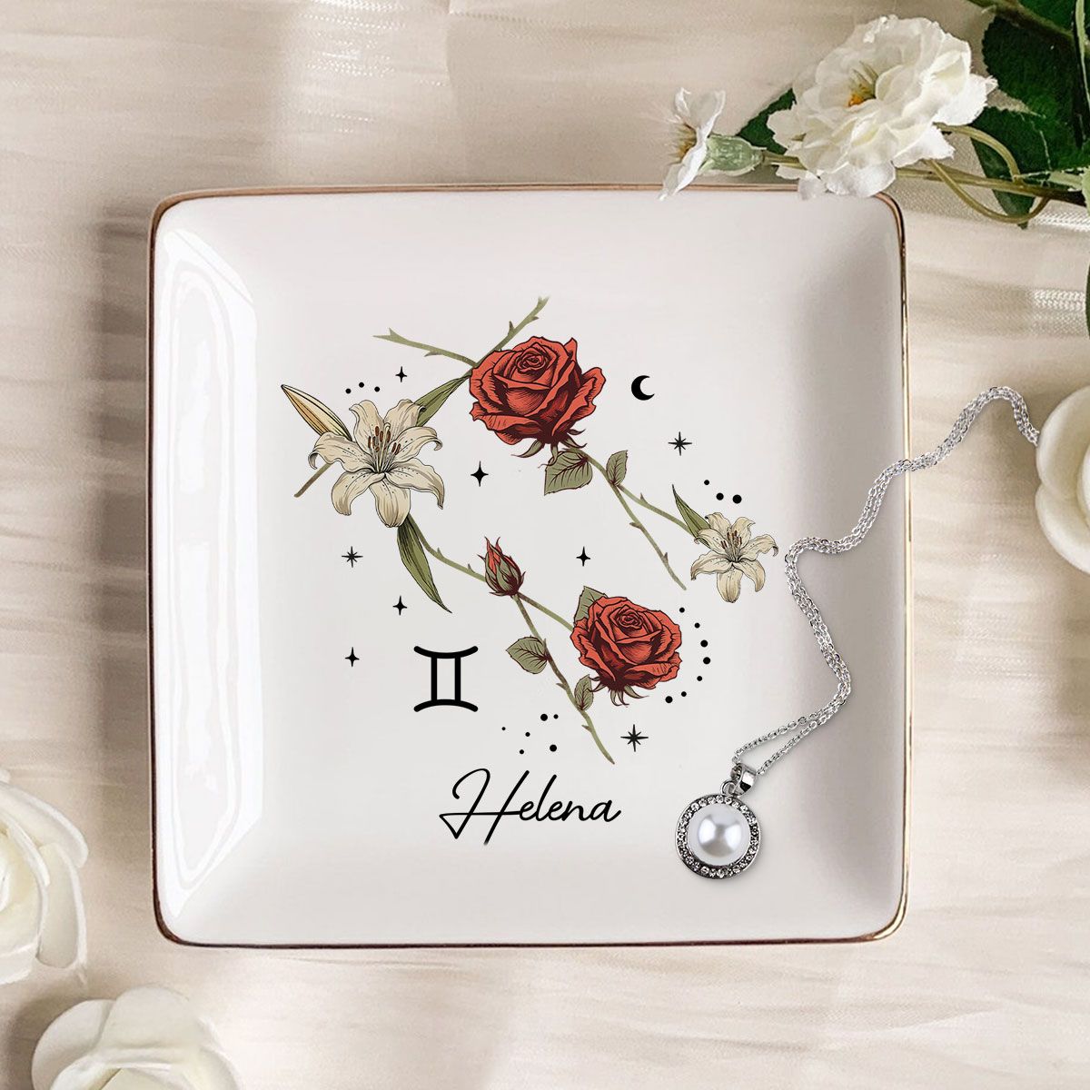 Zodiac Sign Birth Month Flower Personalized Jewelry Dish, Gifts For Friends, Daughter, Birthday Gifts