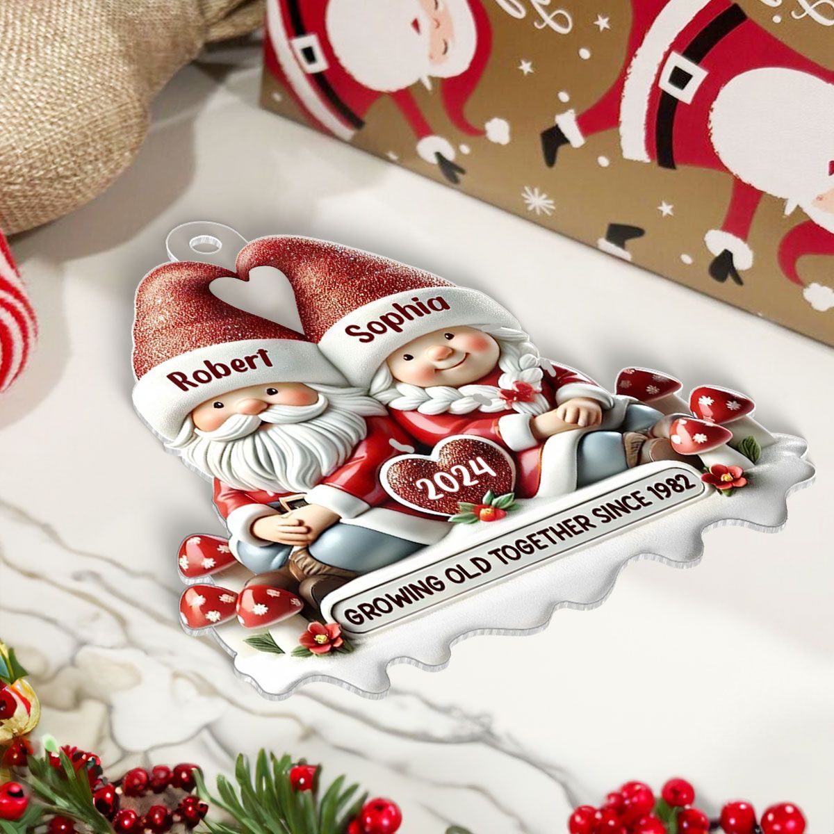 Gnome Couple Personalized Flat Acrylic Ornament, Christmas Gift For Him, For Her, Husband, Wife