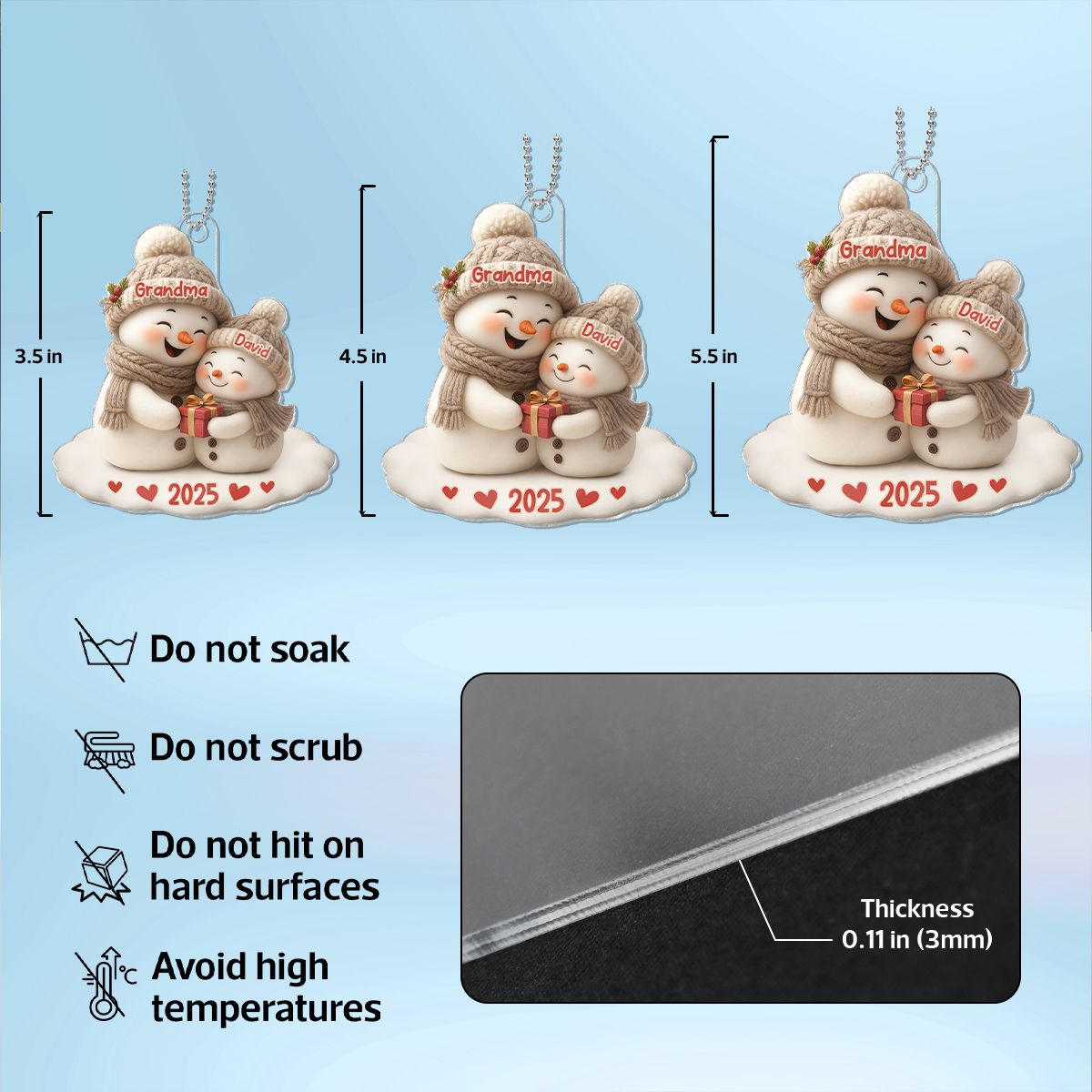 Snowman Grandma Hugging Grandkid Personalized Acrylic Ornament