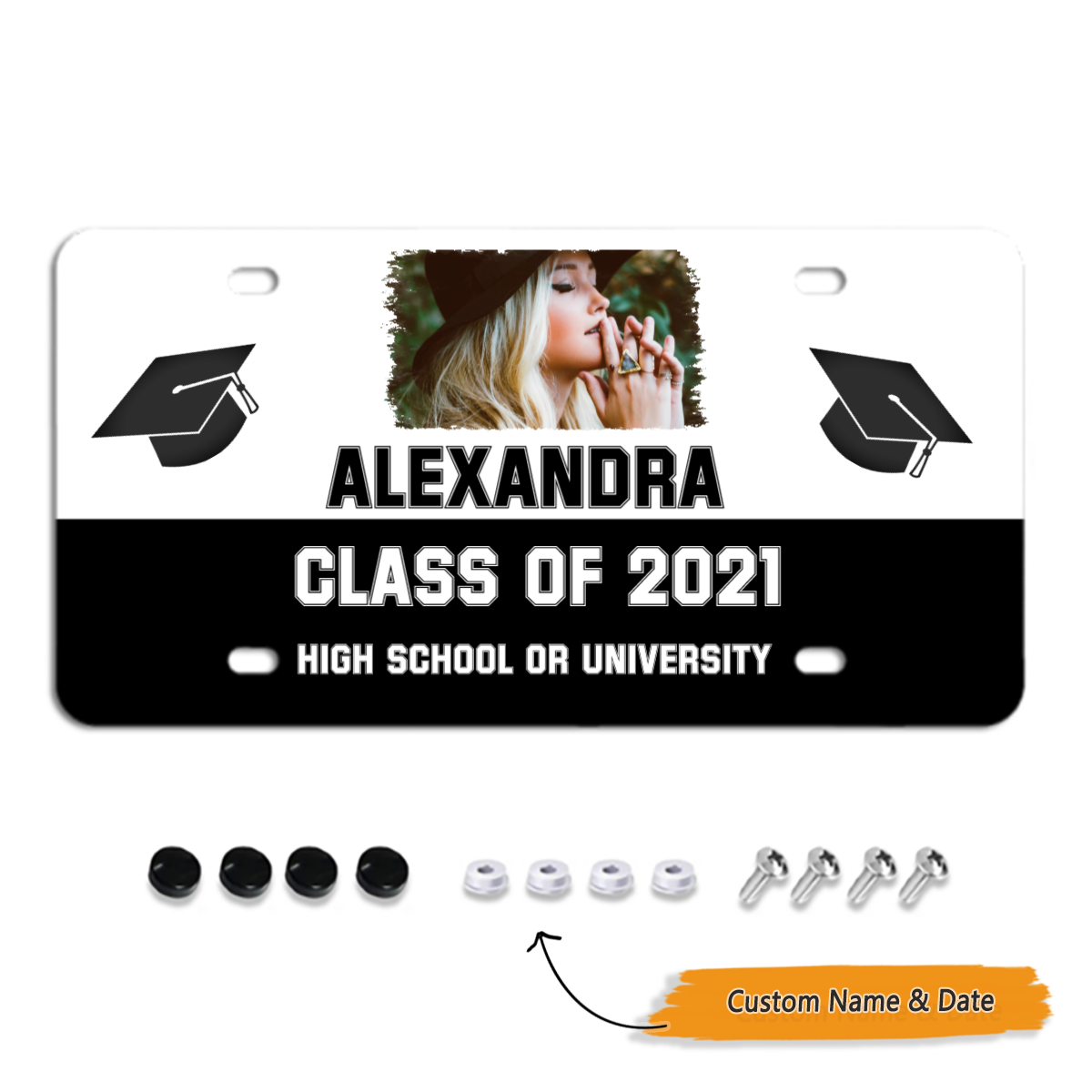 Personalized Graduation Class of Black White License Plate