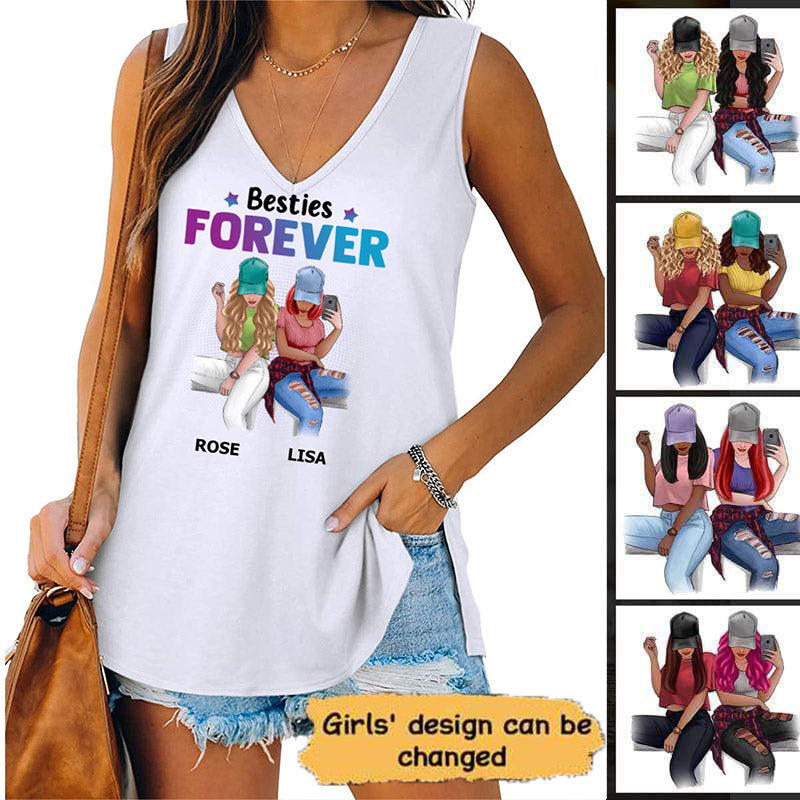 Selfie Bestie Colorful Personalized Women Tank Top V Neck Casual Flowy Sleeveless