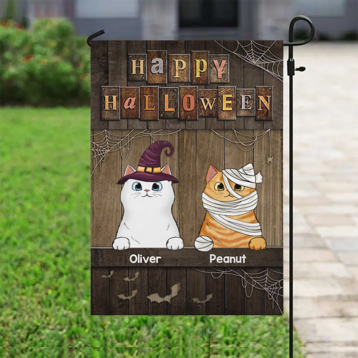 Happy Halloween Wooden Texture Fluffy Cat Personalized Custom Flag