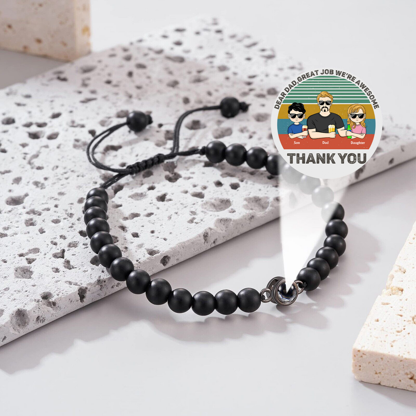 Dear Dad Grandpa Great Job We're Awesome Thank You Young - Black Natural Stone Projection Bracelet
