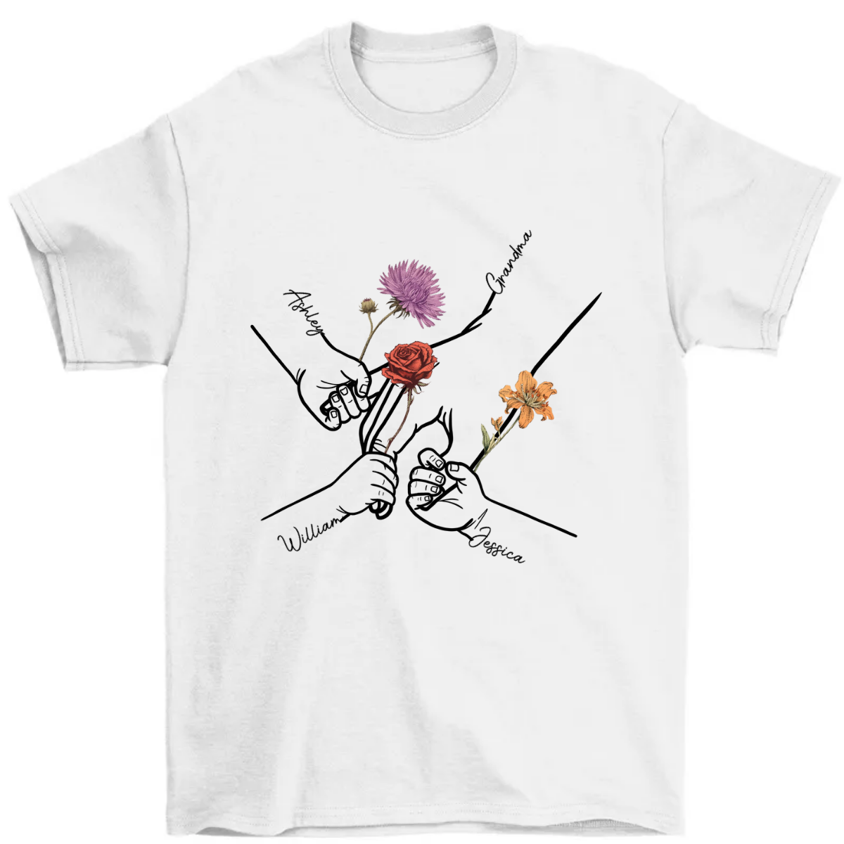 Kids Holding Grandma Mom Hand Birth Month Flowers Personalized Shirt