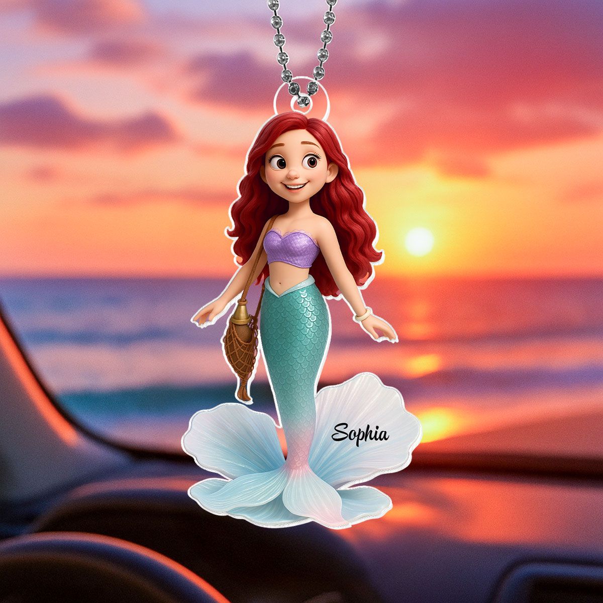 Pretty Cartoon Mermaid Personalized Acrylic Car Hanger, Gift for her, Gift for Besties