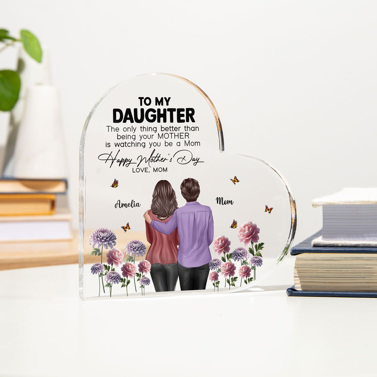 To My Daughter From Mom Happy Mother's Day Birth Flower Personalized Heart Acrylic Block Plaque