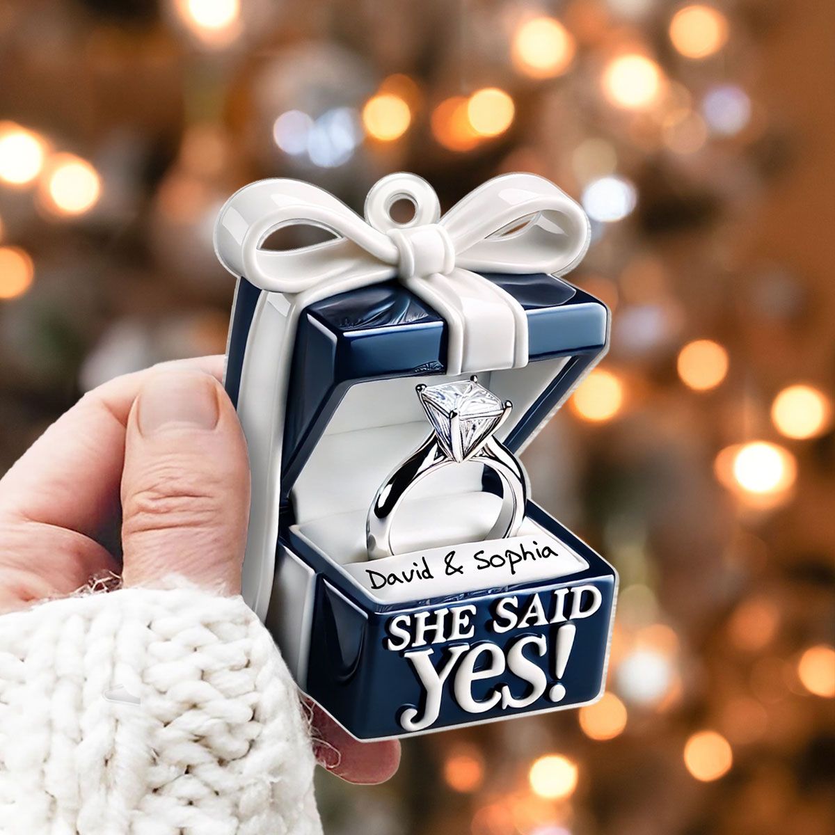 Personalized Blue Engagement Ring Box Personalized 2D Flat Acrylic Ornament, Anniversary Gift for Couple