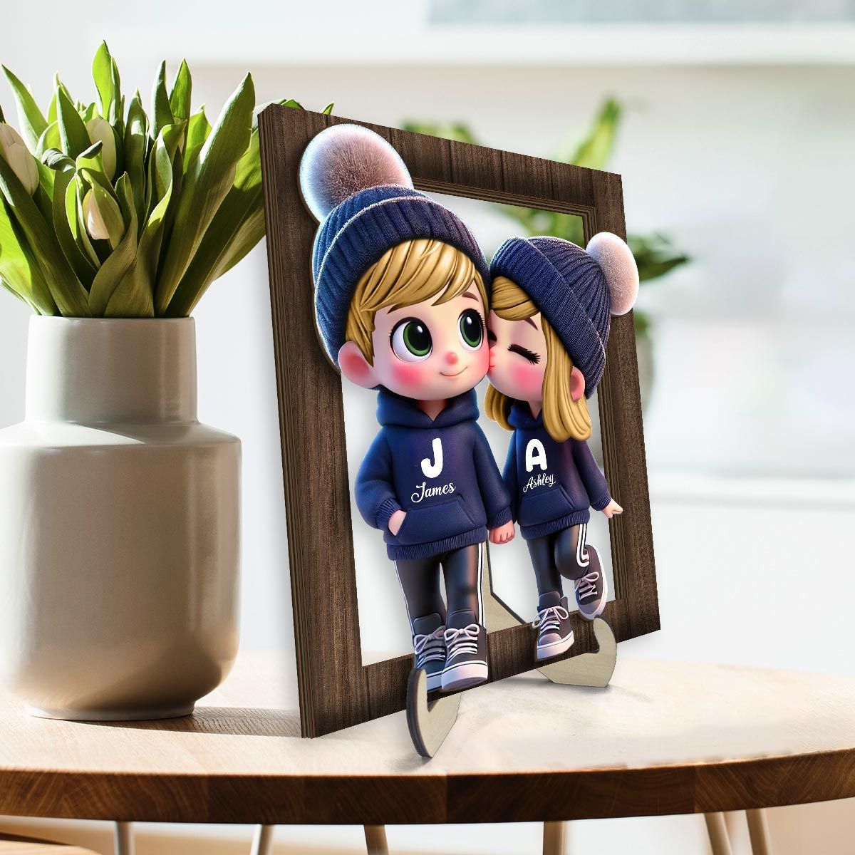 Cute Cartoon Couple Walking Personalized 2-Layered Wooden Plaque, Gift for him, Gift for her