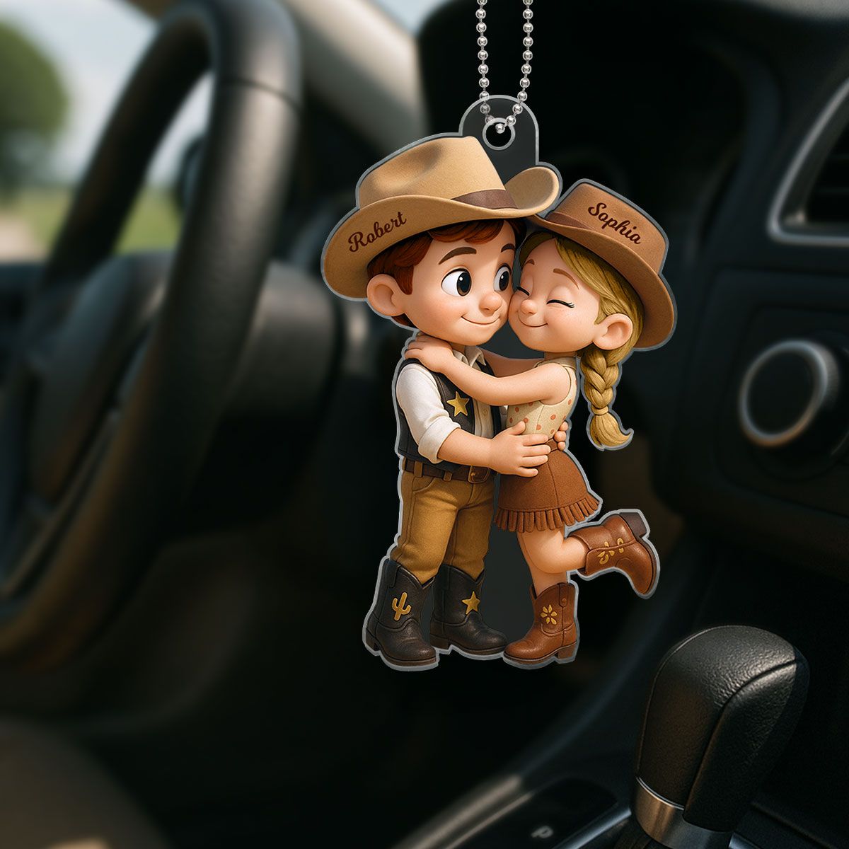 Cartoon Style Countryside Couple Cowboy Cowgirl Car Accessories Personalized Car Hanger Ornament