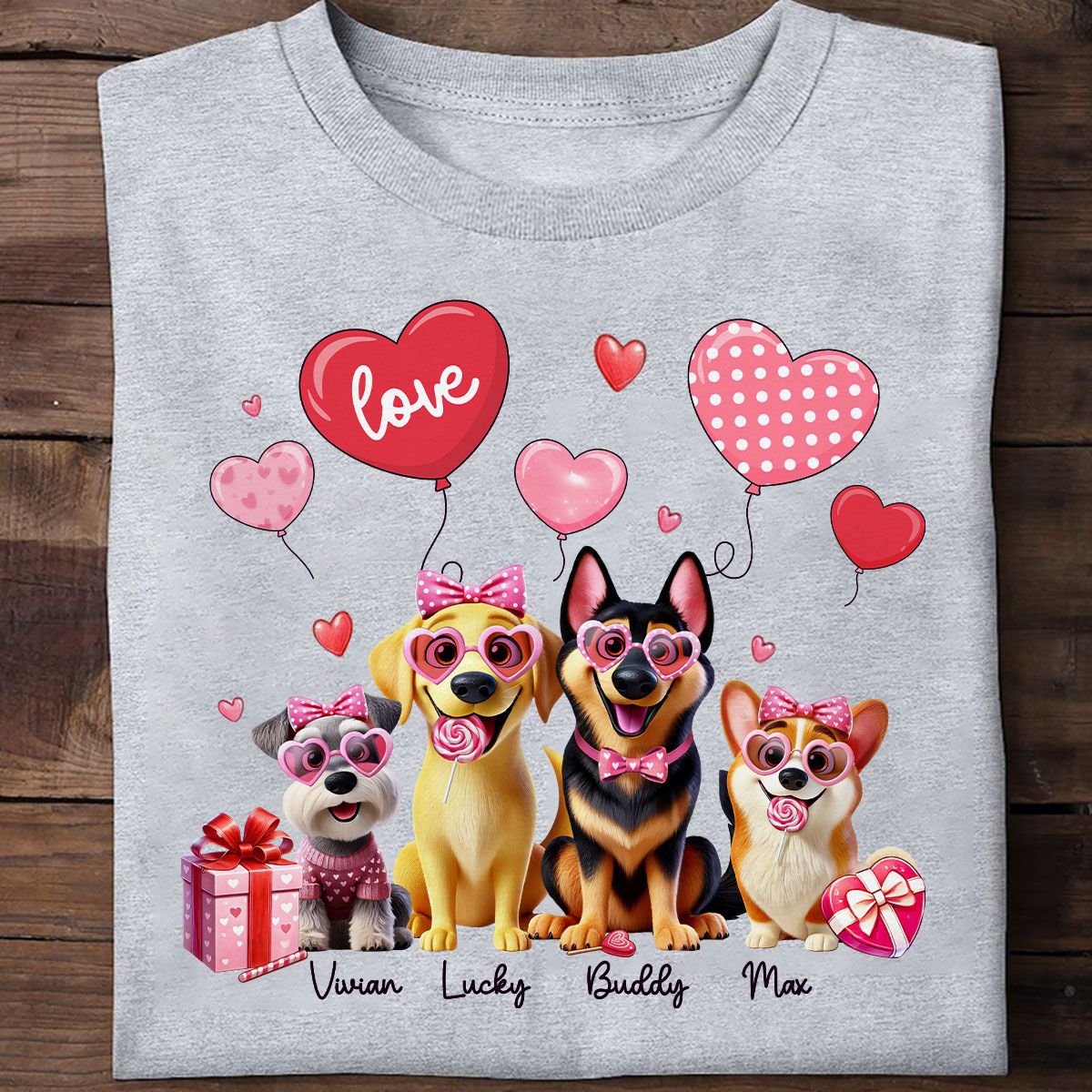 Personalized Valentine Heart Balloon Shirt For Dog Mom, 3D Cute Dogs