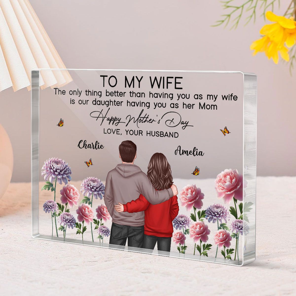 To My Wife From Husband Happy Mother's Day Birth Flower Personalized Acrylic Block Plaque