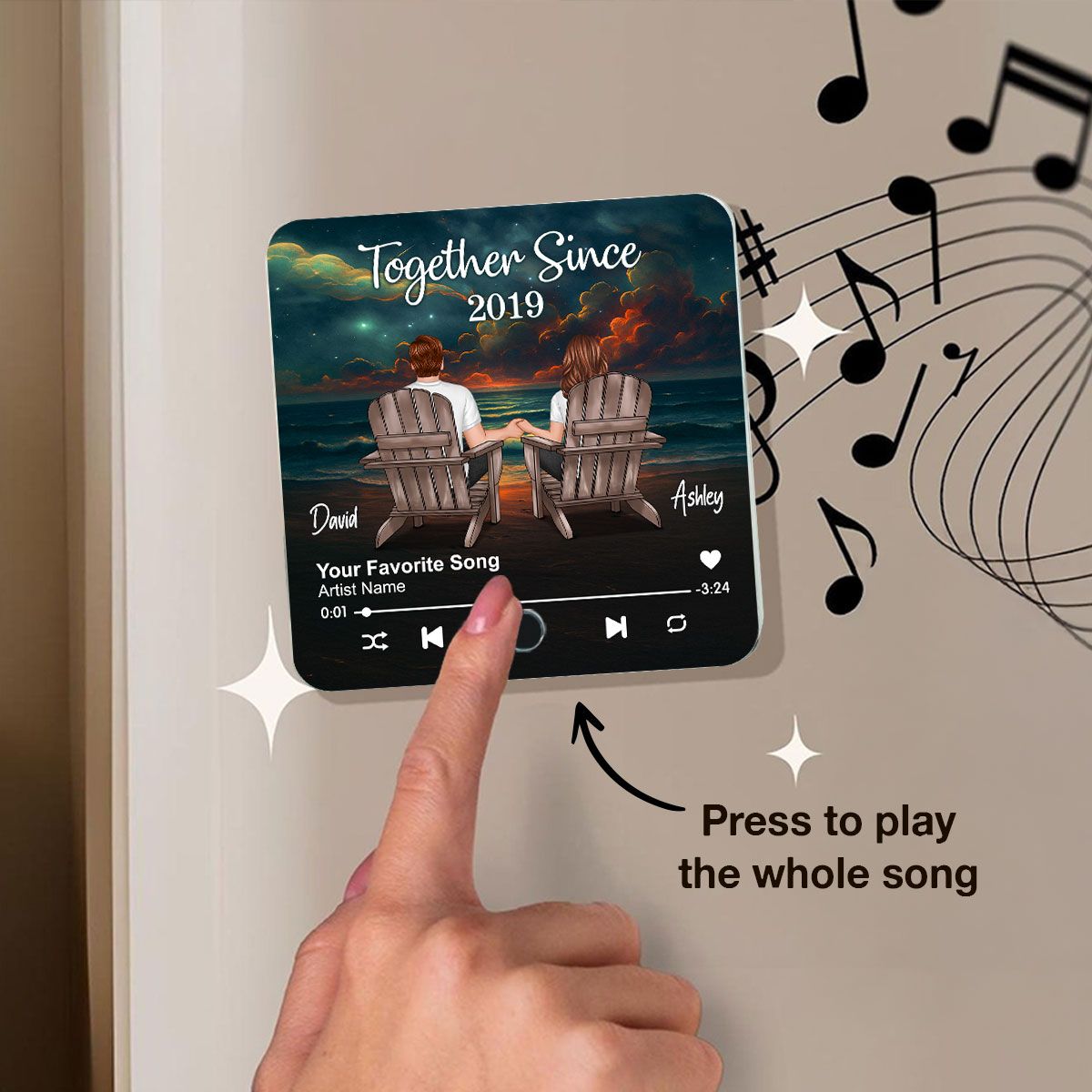 Night Beach Landscape Couple Sitting Back View Personalized Music Magnet