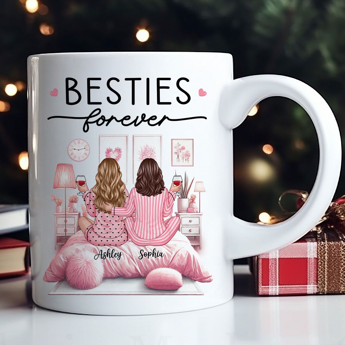 Pink Pajamas Besties In Cozy Room Personalized Mug, Heartfelt Gift For Best Friends, BFF