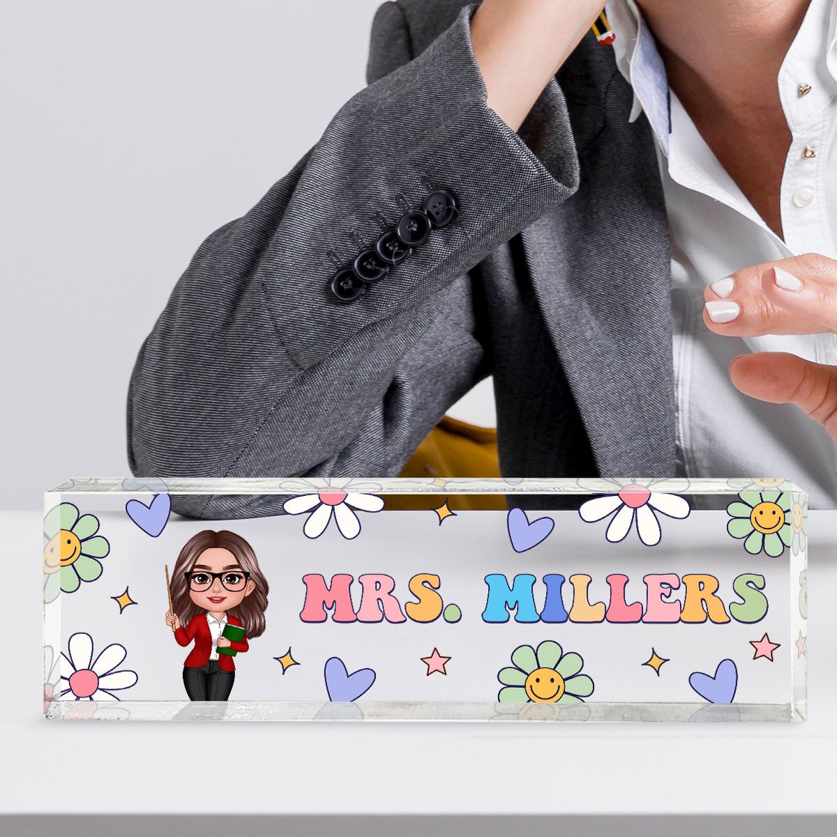 Groovy Retro Teacher Name Sign, Back To School Teacher Gifts Personalized Teacher Acrylic Desk Name Plate