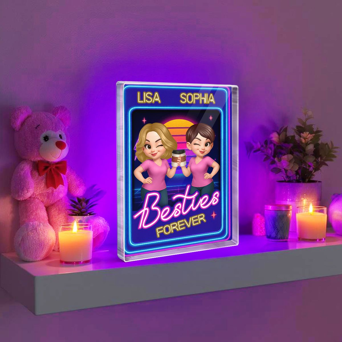 Besties Sisters Retro Rewind Neon Toy Box 3D Effect Personalized Acrylic Block
