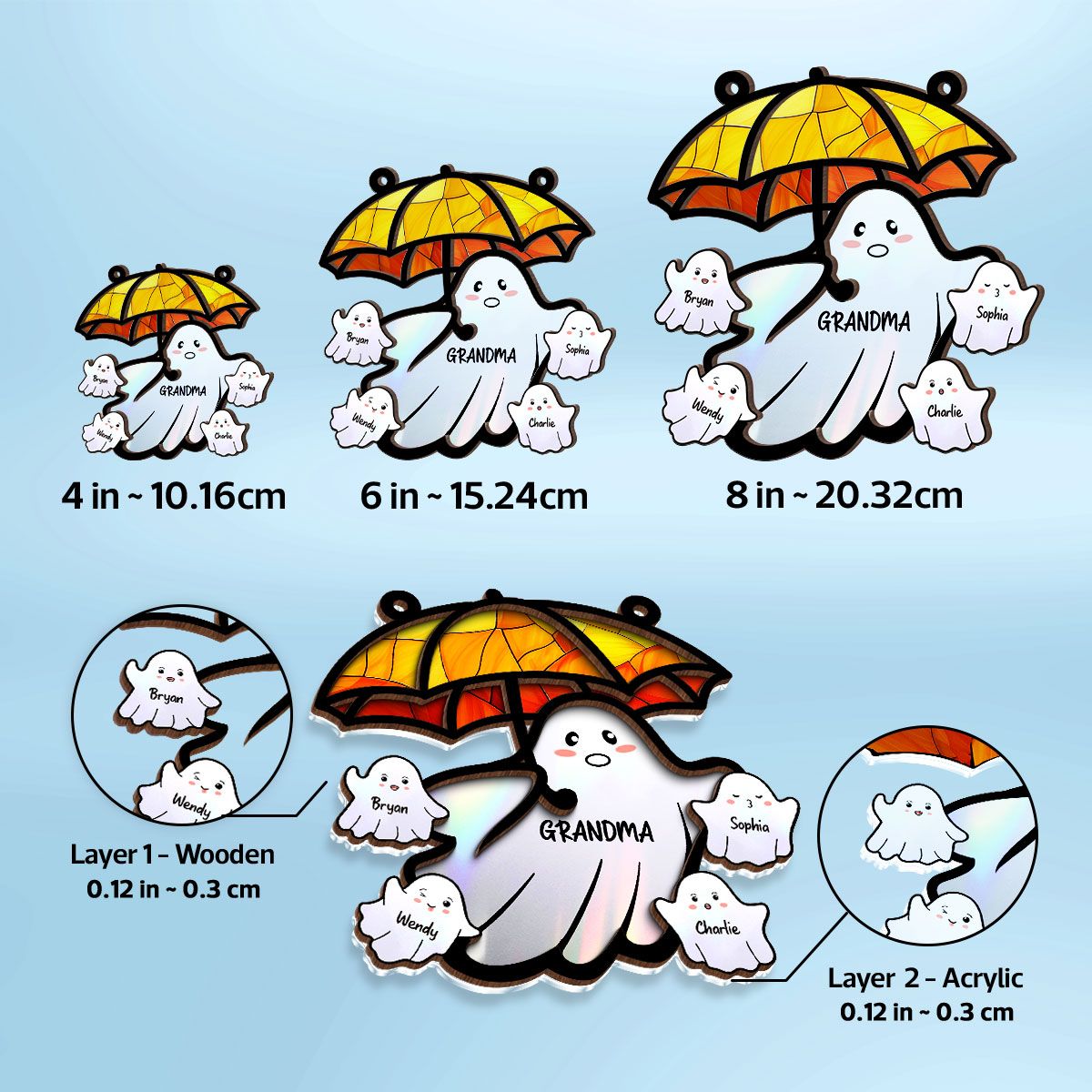 Grandma Funny Ghost with Umbrella Personalized Suncatcher, Halloween Stained Glass Decor