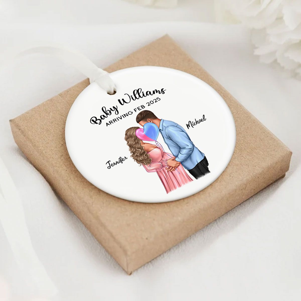 Personalized Kissing Pregnant Couple Ornament, Expecting Family, Baby Coming Soon, Pregnancy Announcement Personalized Ornament