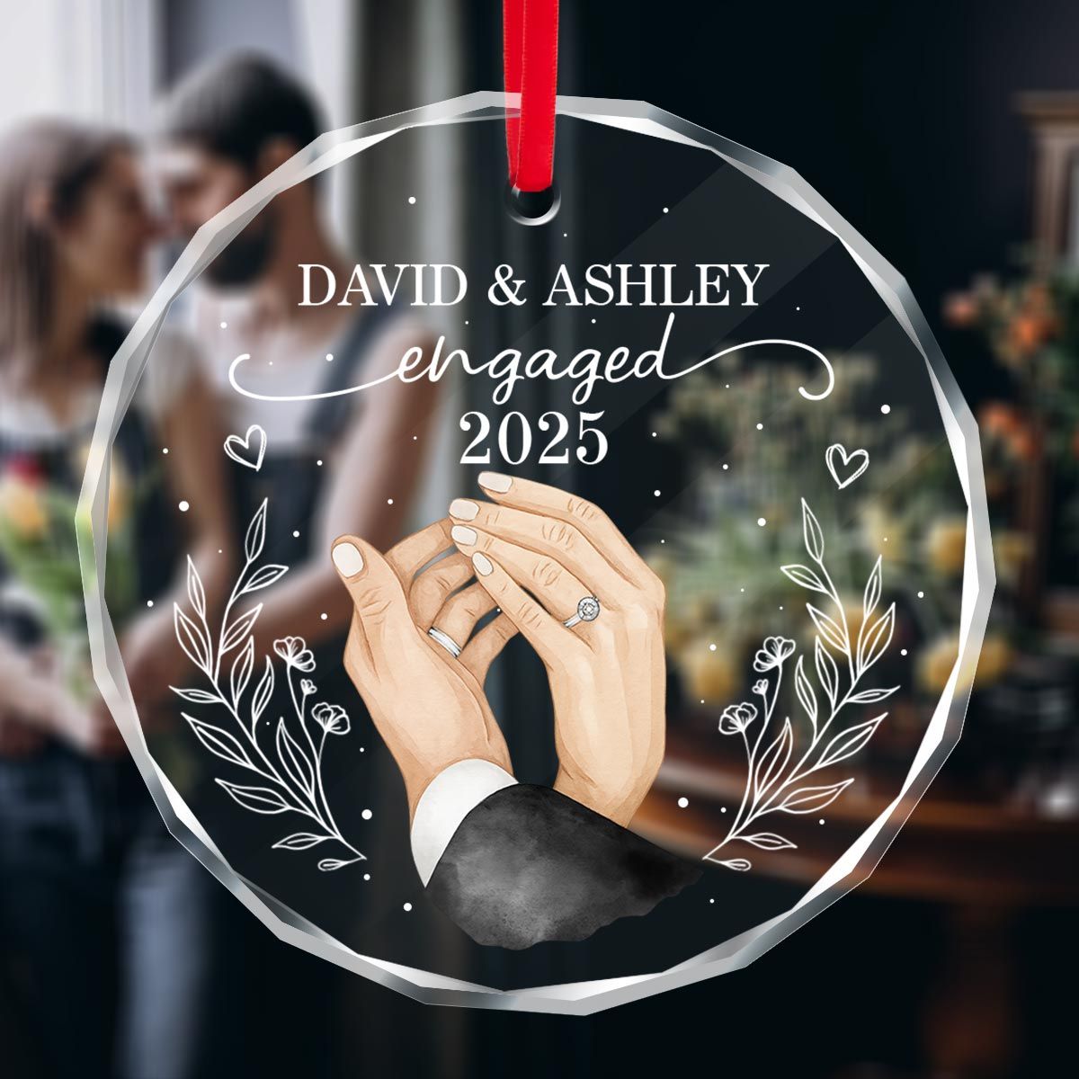 Couple Hands Forever Love First Christmas Engaged Personalized Glass Ornament, Gift For Newly Engaged Couple