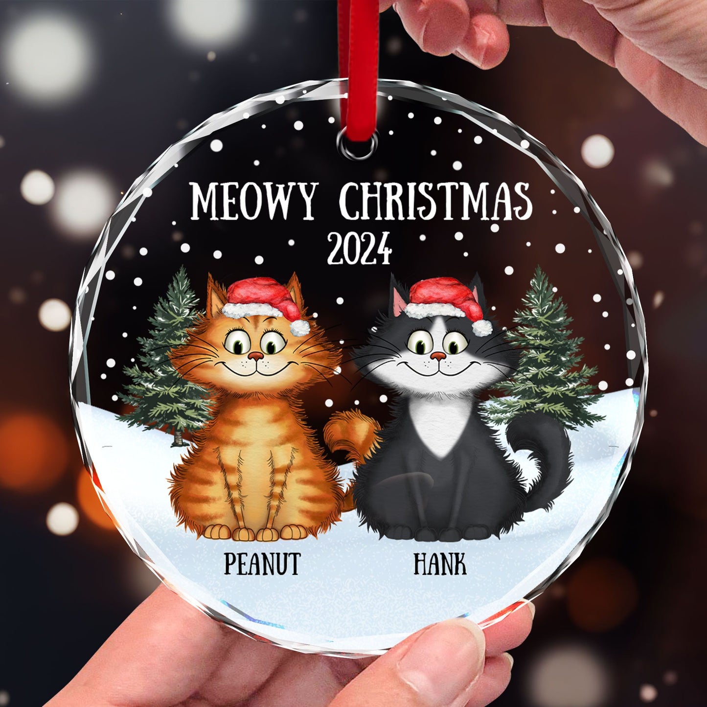 Meowy Christmas Winter Realistic Theme Quirky Cats Personalized Glass Ornament