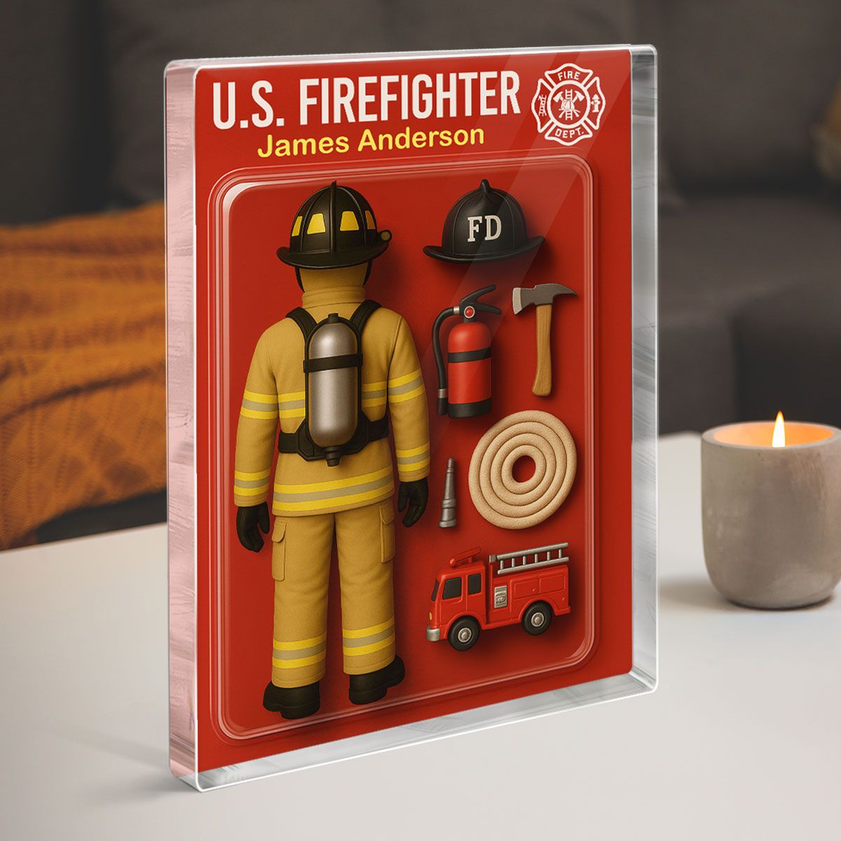 Back View Firefighter Action Figure Pack Packaging Personalized Rectangle Acrylic Block